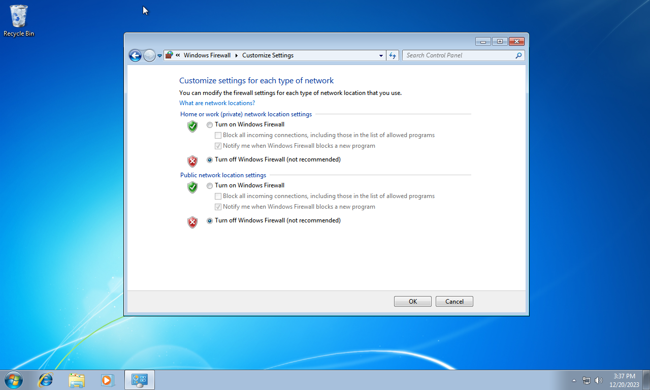 Windows 7 Control Panel deaktivierte Firewall