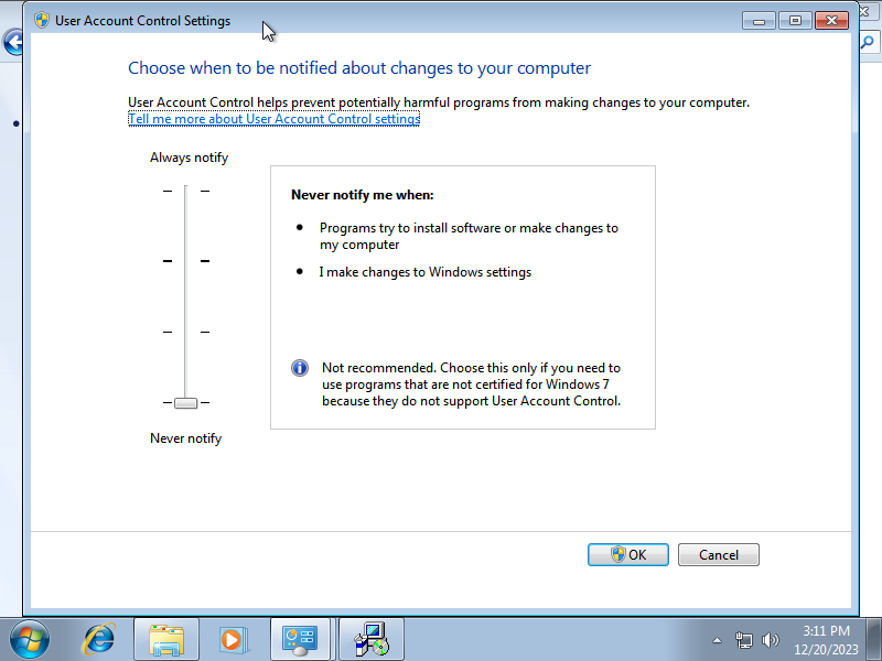 Windows 7 Control Panel deaktivierte User Account Control